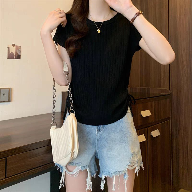 Short - sleeved T-shirt women's thin drawstring waist slim - fitting knitted sweater summer new Spice Girl irregular top women - Negative Apparel