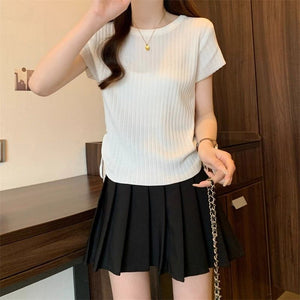 Short - sleeved T-shirt women's thin drawstring waist slim - fitting knitted sweater summer new Spice Girl irregular top women - Negative Apparel