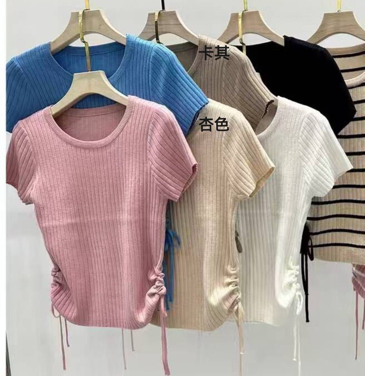 Short - sleeved T-shirt women's thin drawstring waist slim - fitting knitted sweater summer new Spice Girl irregular top women - Negative Apparel