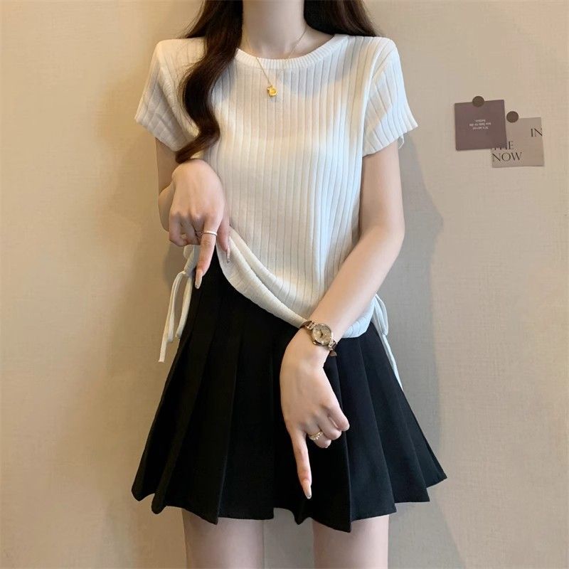 Short - sleeved T-shirt women's thin drawstring waist slim - fitting knitted sweater summer new Spice Girl irregular top women - Negative Apparel