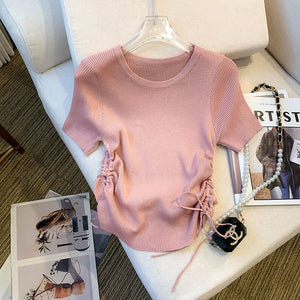 Short - sleeved T-shirt women's thin drawstring waist slim - fitting knitted sweater summer new Spice Girl irregular top women - Negative Apparel