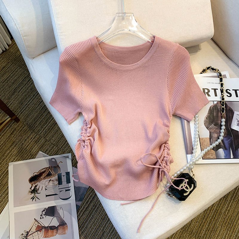 Short - sleeved T-shirt women's thin drawstring waist slim - fitting knitted sweater summer new Spice Girl irregular top women - Negative Apparel