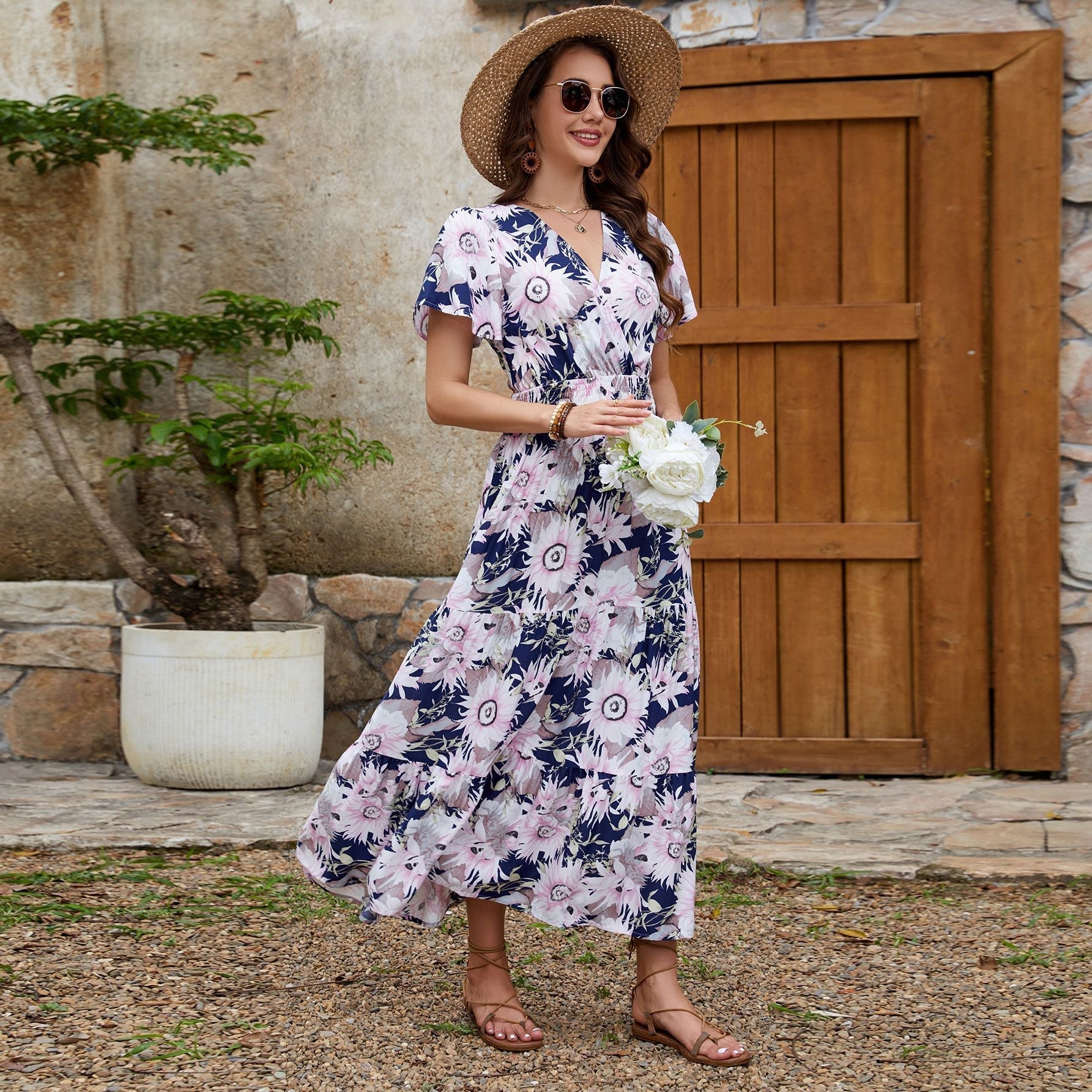 Short - sleeved V - neck slim - fitting and thin long dress, holiday style dress - Negative Apparel