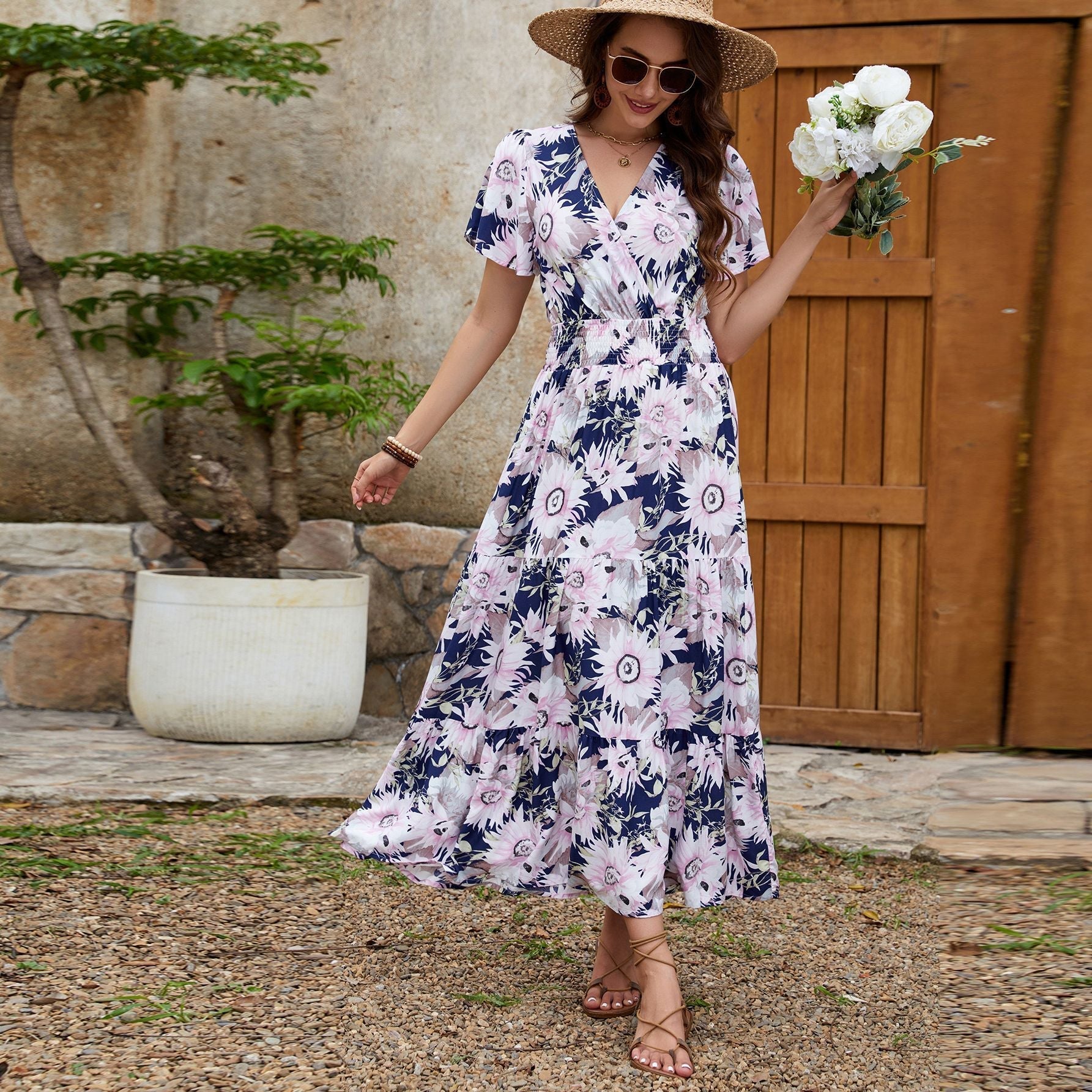 Short - sleeved V - neck slim - fitting and thin long dress, holiday style dress - Negative Apparel