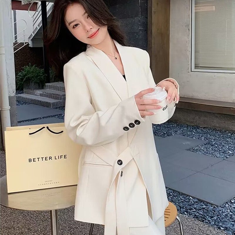 Side Tie Casual Suit Set with Wide Leg Pants For Women - Negative Apparel