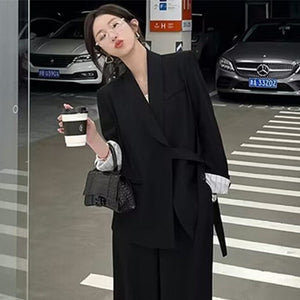 Side Tie Casual Suit Set with Wide Leg Pants For Women - Negative Apparel