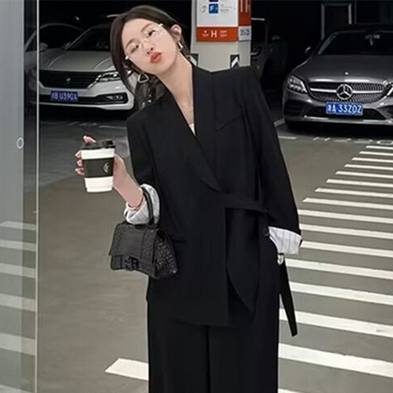 Side Tie Casual Suit Set with Wide Leg Pants For Women - Negative Apparel