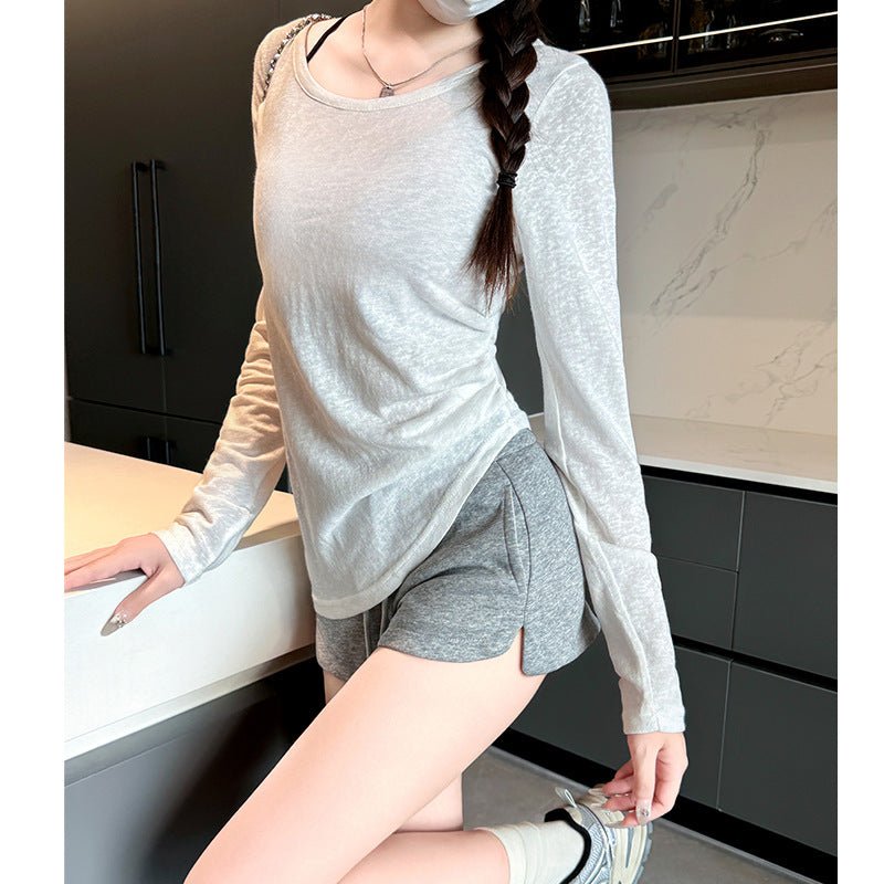 Side waist bottoming shirt women's summer 25 new outer wear crew neck sunscreen pullover loose irregular T-shirt top - Negative Apparel