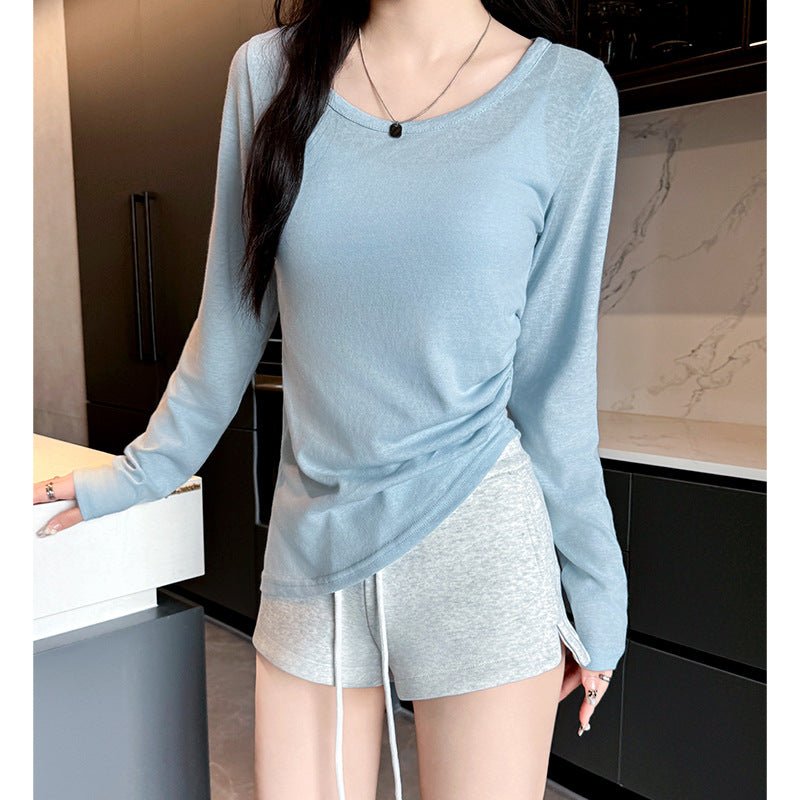 Side waist bottoming shirt women's summer 25 new outer wear crew neck sunscreen pullover loose irregular T-shirt top - Negative Apparel
