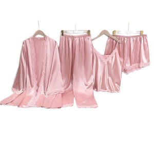 Silk Tempt | Lace Suspender Four - Piece Pajama Set Pink - Negative Apparel