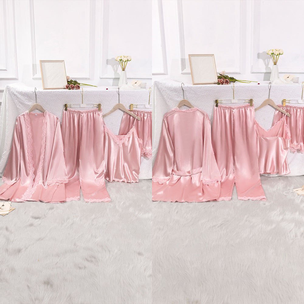 Silk Tempt | Lace Suspender Four - Piece Pajama Set Pink - Negative Apparel