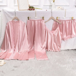 Silk Tempt | Lace Suspender Four - Piece Pajama Set Pink - Negative Apparel