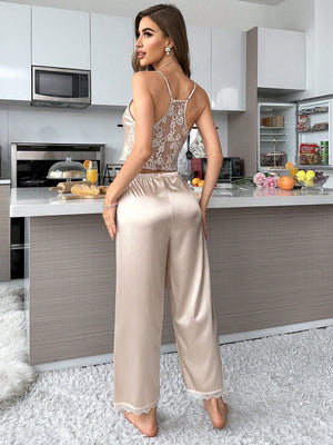 Silky Spaghetti Strap Lace Patchwork Sleeveless Top And Long Pants Two - Piece Pajama Set - Negative Apparel