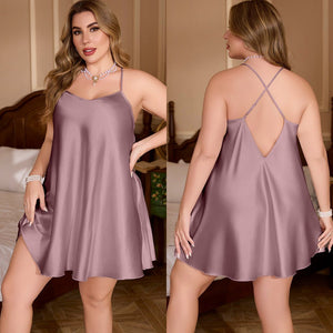 simple casual large - size ice silk solid - color pajamas summer suspenders loungewear SQ22148 - Negative Apparel