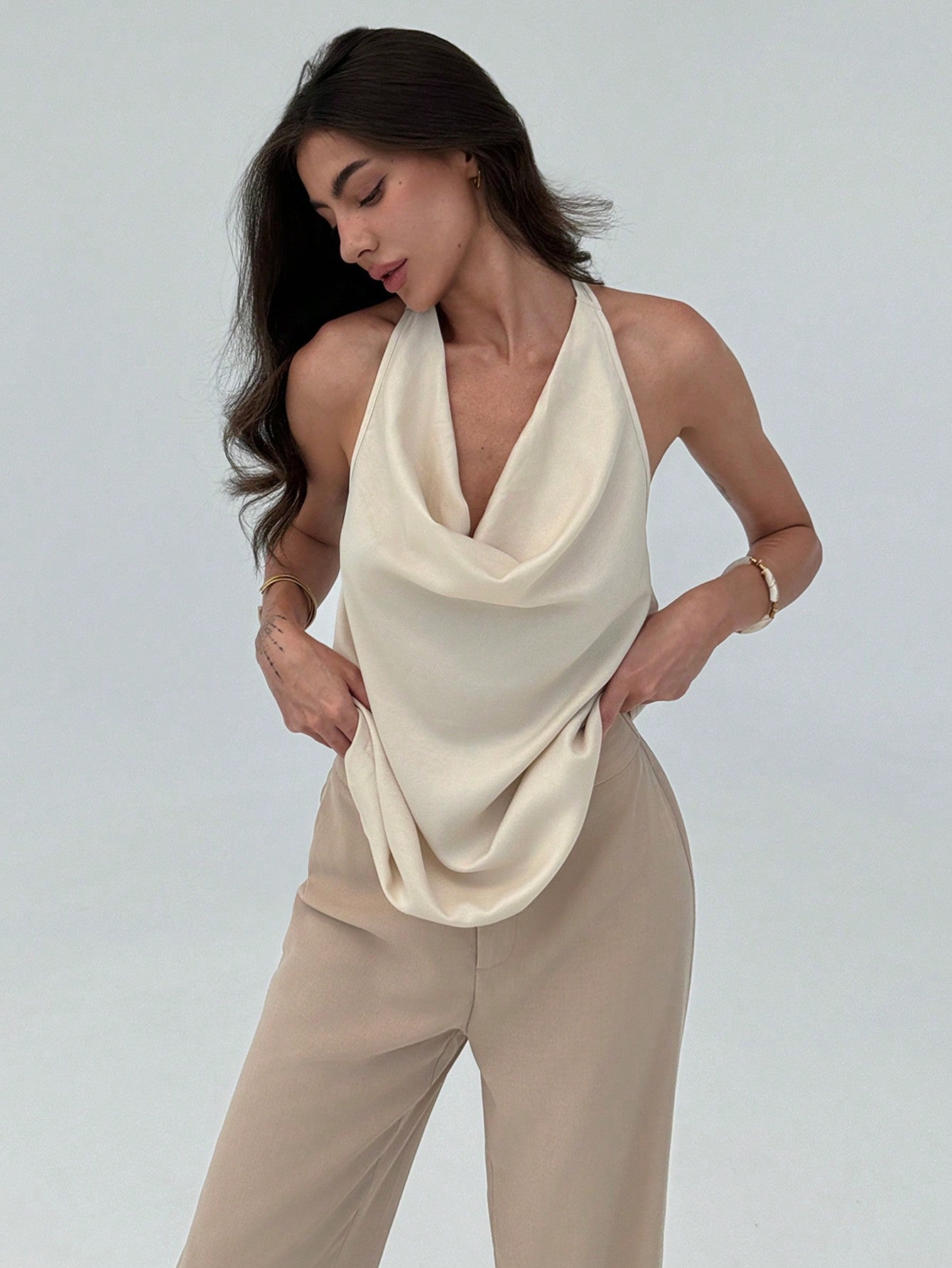 Simple & Chic Draped Neck Sleeveless Jumpsuit For Women, Commuting Neck - Hanging Design - Negative Apparel