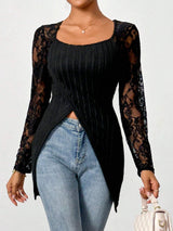Simple fashion lace splicing long - sleeved irregular hem slim T-shirt top women - Negative Apparel