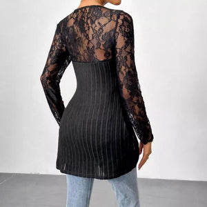 Simple fashion lace splicing long - sleeved irregular hem slim T-shirt top women - Negative Apparel