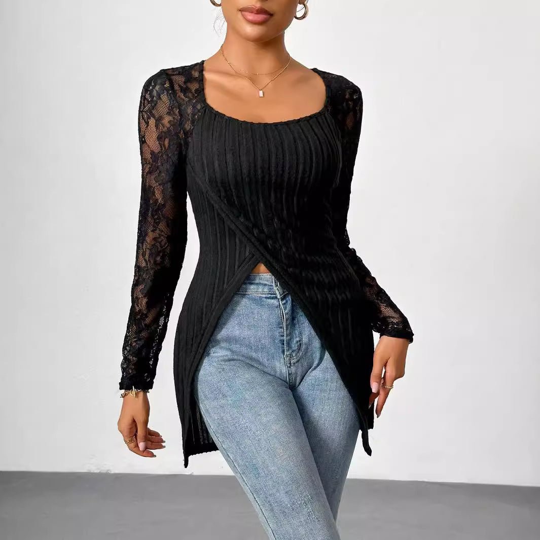 Simple fashion lace splicing long - sleeved irregular hem slim T-shirt top women - Negative Apparel