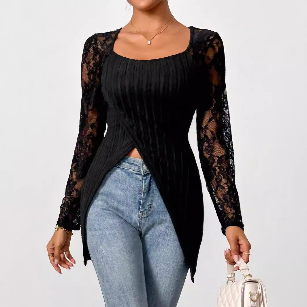Simple fashion lace splicing long - sleeved irregular hem slim T-shirt top women - Negative Apparel