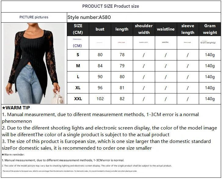 Simple fashion lace splicing long - sleeved irregular hem slim T-shirt top women - Negative Apparel