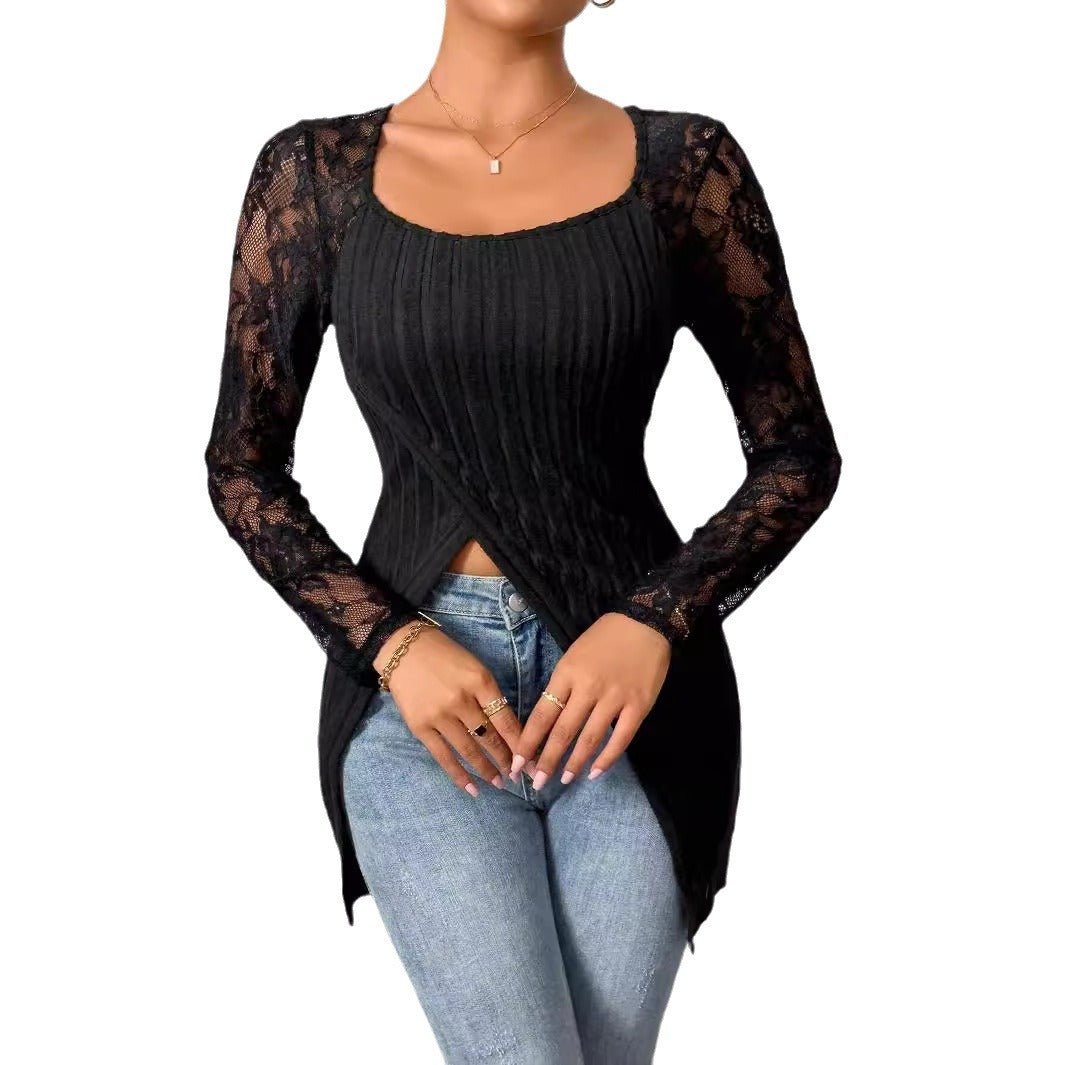 Simple fashion lace splicing long - sleeved irregular hem slim T-shirt top women - Negative Apparel