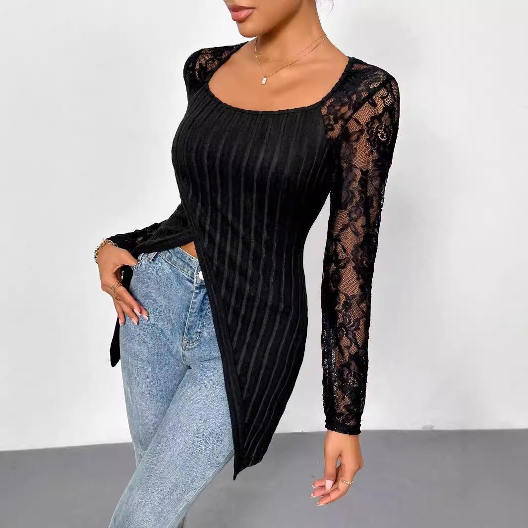 Simple fashion lace splicing long - sleeved irregular hem slim T-shirt top women - Negative Apparel