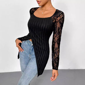 Simple fashion lace splicing long - sleeved irregular hem slim T-shirt top women - Negative Apparel