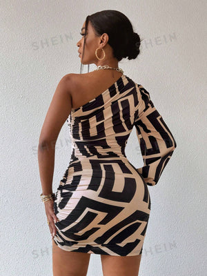 Slayr Women's Geometric Print One Shoulder Lantern Sleeve Dress - Negative Apparel
