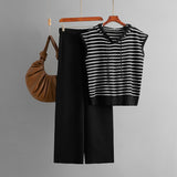 Sleeveless hooded striped knitted top + high - waisted wide - leg pants two - piece set - Negative Apparel