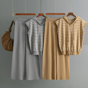 Sleeveless hooded striped knitted top + high - waisted wide - leg pants two - piece set - Negative Apparel