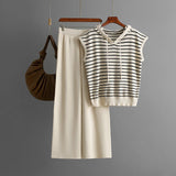 Sleeveless hooded striped knitted top + high - waisted wide - leg pants two - piece set - Negative Apparel