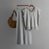 Sleeveless hooded striped knitted top + high - waisted wide - leg pants two - piece set - Negative Apparel