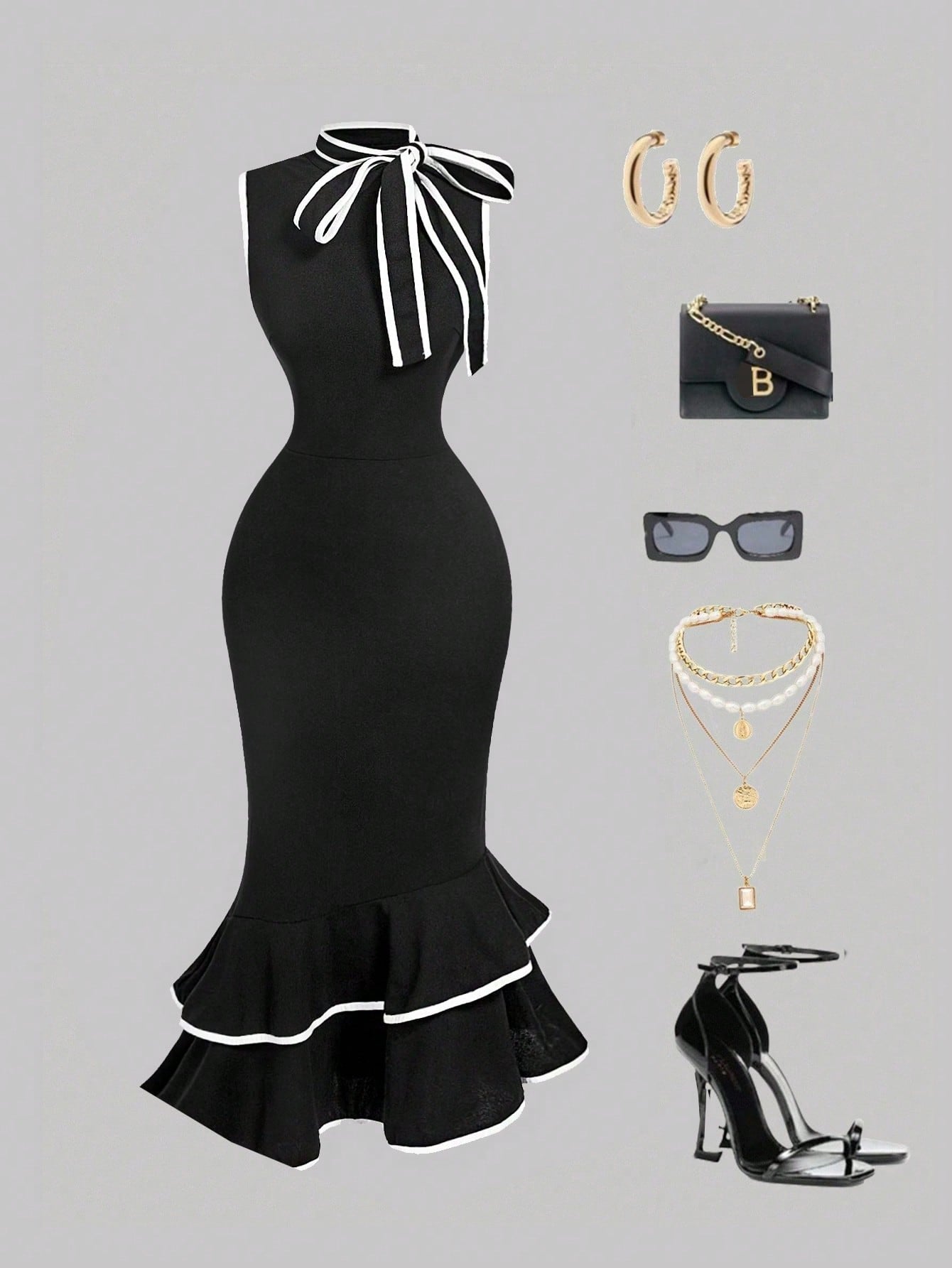 Sleeveless Midi Dress With Tie Neck Black Bow Dress FD - Negative Apparel