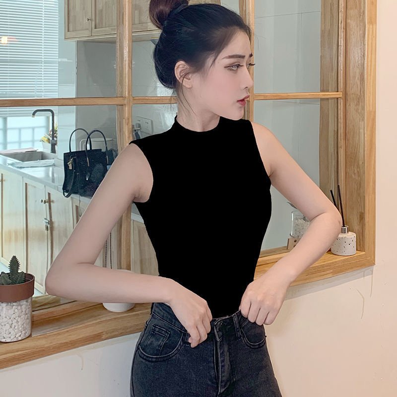 Sleeveless small half high collar camisole vest women's tight inner wear bottoming shirt outer wear fashionable tops women's trendy top - Negative Apparel