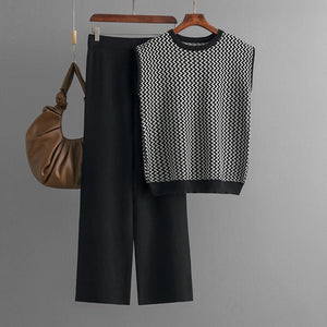 Sleeveless striped sweater top two - piece suit high waist straight wide - leg pants - Negative Apparel