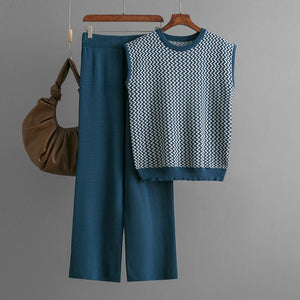 Sleeveless striped sweater top two - piece suit high waist straight wide - leg pants - Negative Apparel