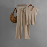 Sleeveless V - neck knitted sweater, top, women's casual pants two - piece set - Negative Apparel