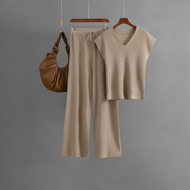 Sleeveless V - neck knitted sweater, top, women's casual pants two - piece set - Negative Apparel