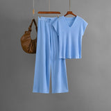 Sleeveless V - neck knitted sweater, top, women's casual pants two - piece set - Negative Apparel