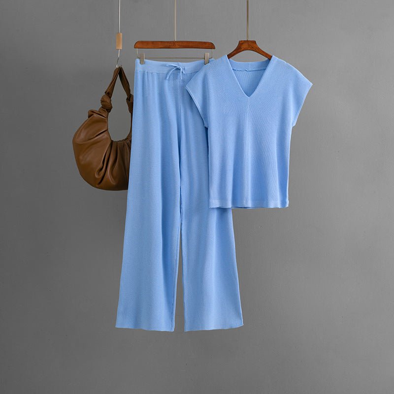 Sleeveless V - neck knitted sweater, top, women's casual pants two - piece set - Negative Apparel