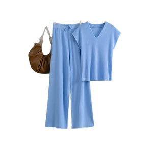 Sleeveless V - neck knitted sweater, top, women's casual pants two - piece set - Negative Apparel