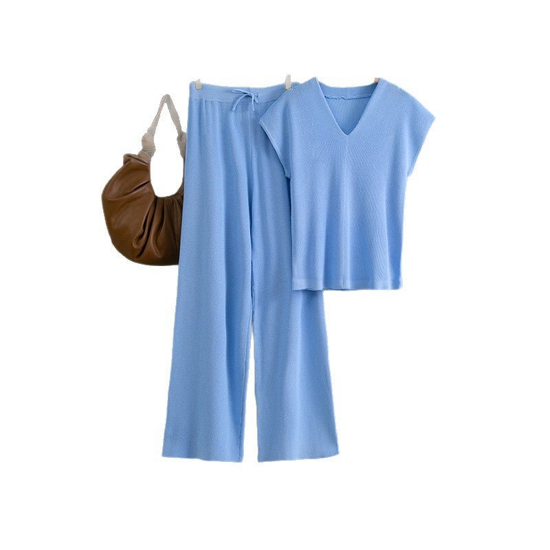 Sleeveless V - neck knitted sweater, top, women's casual pants two - piece set - Negative Apparel