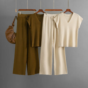 Sleeveless V - neck knitted sweater, top, women's casual pants two - piece set - Negative Apparel