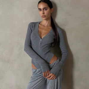 Slim deep V button cotton pit stripe one - piece long - sleeved top - Negative Apparel