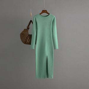 Slim - fitting knitted dress women's inner and outer wear medium and long long - sleeved tight bottom hip skirt - Negative Apparel