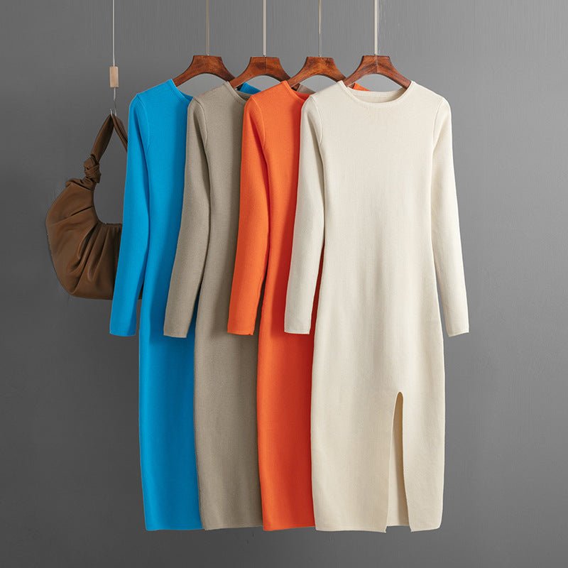 Slim - fitting knitted dress women's inner and outer wear medium and long long - sleeved tight bottom hip skirt - Negative Apparel
