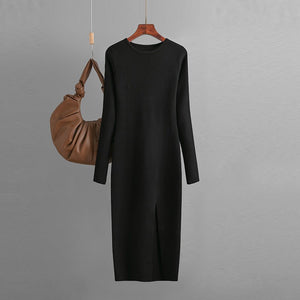 Slim - fitting knitted dress women's inner and outer wear medium and long long - sleeved tight bottom hip skirt - Negative Apparel