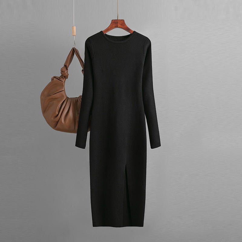 Slim - fitting knitted dress women's inner and outer wear medium and long long - sleeved tight bottom hip skirt - Negative Apparel