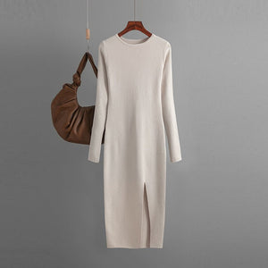 Slim - fitting knitted dress women's inner and outer wear medium and long long - sleeved tight bottom hip skirt - Negative Apparel