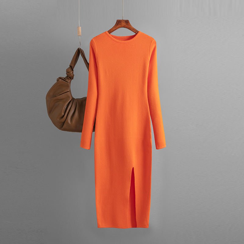 Slim - fitting knitted dress women's inner and outer wear medium and long long - sleeved tight bottom hip skirt - Negative Apparel